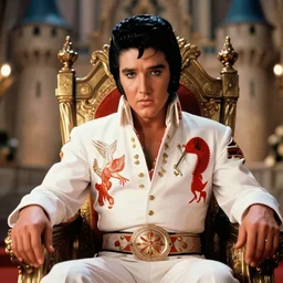 sharp, highly detailed, film from a color movie, elvis as king of the world, sitting on his throne in his castle, reflective eyes, in focus, 3 5 mm macro lens, good lighting, good photography
