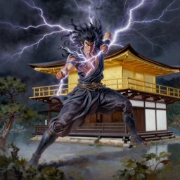 raijin, hod of lightning, striking kinkaku - ji. oil painting. realistic.