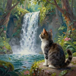painting of one kitten in the enchanted forest standing on the steps and watching the waterfall, fantasy, intricate, extremely detailed, matte, featured in artstation, art by louis wain, greg rutkowski, alan lee