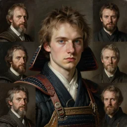 realistic detailed portrait of a young slavic samurai!!! by Gregory Crewdson, Irving Penn, Rembrandt, Alex Horley and Jimmy Nelson!