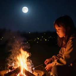 3 d, night, moon rays, close - up, a girl, bonfire, fireflies, photo realistic