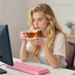 russian girl with long blond hair sitting at a pink keyboard holding a cup of tea, masterpiece art