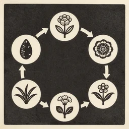 japanese woodcut of the plant cycle from seed to bloom