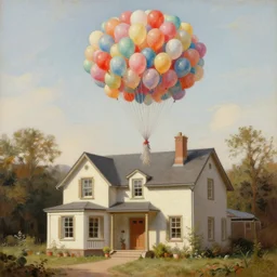 illustration of a house attached to balloons, realistic painting, classical painting, high definition, digital art, matte painting, very detailed, realistic”