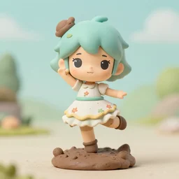 a wholesome femo figurine of a cute funny mud fairy with freckles wearing a frilly floral mud dress featured on silent hill by studio ghibli and disney made of mud jar, pastels, wide angle, dynamic dancing pose