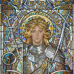 head-on symmetrical centered painted portrait, Elisha Cuthbert as a paladin, blonde hair, golden halo, ornate iron armour, art nouveau tarot, fantasy, masterpiece stained glass, intricate, elegant, highly detailed, smooth, sharp focus, illustration, artstation, in the style of Artgerm and Anna Podedworna and Alex Ross and Mucha