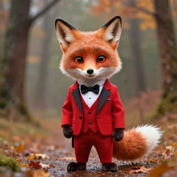 an anthropomorphic fox wearing a tuxedo and red suit in an a raining autumn forest, realistic, cute,