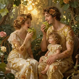 happy family eating grapes, intricate rose thorn designs, art nouveau, fantasy, fantasy atmospheric lighting, digital painting, hyperrealistic, cozy, natural light, lush plants and flowers, visually crisp & clear, volumetric golden dappled dynamic lighting, regal, refined, elegant, highly detailed, sharp focus, art by artgerm and wlop