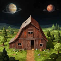 view looking straight up at the roof of a farm barn, on a remote planet, from a space themed point and click 2 d graphic adventure game, detailed, set design inspired slightly by hg giger, art inspired by thomas kinkade