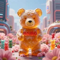 portrait of haribo bear in future city, color and shape focus, central composition, natural light, bloom, puff, by simon stalenhag an