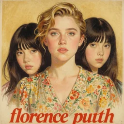 “ florence pugh portrait by ikenaga yasunari and ayana otake and ko rakusui, 6 0 s poster, drawing, realistic, sharp focus, japanese, dreamy, nostalgia, faded, golden hues, floral clothes ”