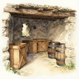 inverted colors, watercolor painting of rustic ruin cellar, wooden crates, barrels, stone walls, lantern, very beautiful ambient lighting, sun rays, dust, art by anders zorn, wonderful masterpiece by greg rutkowski, cinematic light, american romanticism by greg manchess, creation by tyler edlin