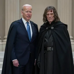 joe biden and palpatine hybrid, dark cloak, yellow eyes