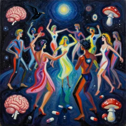 a beautiful masterpiece painting of people who dance around ( in a space disco ) and brain and mushroom and pills with dunk techno, oil painting by cuno amiet, andrey remnev, frank stella, james jean, kazimir malevich, pavel filonov, robert rauschenberg, prismatic, glowing, raven black, trending on artstation