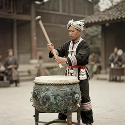 nanning, guangxi a zhuangzu medicine man or shaman in ceremonial dress, hitting a dong son bronze drum. photograph, ca. 1 9 2 0