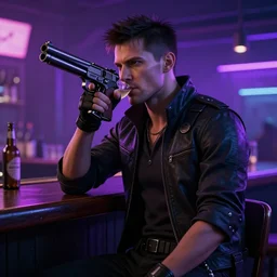 A synthetic mercenary with human appearance and a gun drinking at a bar, night, cyberpunk city, purple neon, bladerunner, hyperrealistic, 8k render, cinematic lightning, ultra hd