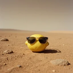 wide angle shot of a lemon wearing sunglasses on the surface of mars, autochrome photograph, atmospheric, film grain, trending on artstation
