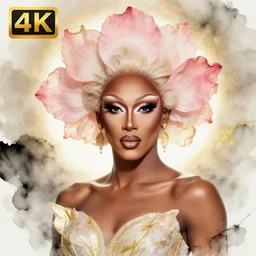 brown - skinned gorgeous flower fae themed drag queen. backlighting, depth of field, 4 k, ink wash and gold by award - winning mangaka
