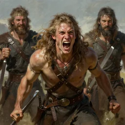 a portrait of strong and handsome young barbarian, screaming, ready to fight, by Ross Tran and Thomas Cole and Wayne Barlowe