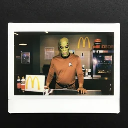 the gorn from star trek working the front counter of mcdonald's ready to take your order, eighties polaroid, flash photography, photorealistic