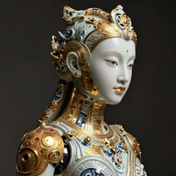 portrait of a cyborg woman made of carved ancient chinese porcelain with gilding, wood burl, intricately detailed, elegant, photorealistic, artgerm, artstation