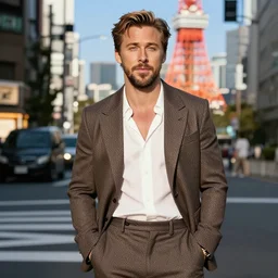 ryan gosling dressed in gakuran, standing in tokyo