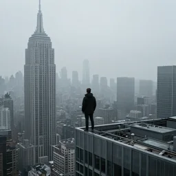 a person standing on a grey skyscraper looking over at the gray dystopian city, fog, moody, realistic