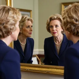 liz truss looking in a mirror and seeing margaret thatcher as her reflection, 4k