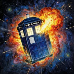 tardis from doctor who exploding in the middle of the universe, matte painting, by van gogh