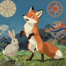 a fox standing up, by studio ghibli painting, by Joaquin Sorolla rhads Leyendecker, An aesthetically pleasing, dynamic, energetic, lively, well-designed digital art of a bunny rabbit standing up, overlaid with aizome patterns, by Ohara Koson and Thomas Kinkade, traditional Japanese colors, superior quality, masterpiece