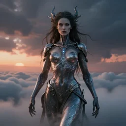 biblical hell beautiful female android, shiva, storm, glowing veins, in clouds, sunset, portrait, by peter elson, by lise deharme, muted colors, extreme detail, reflections, trending on artstation, 8 k
