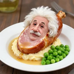!!! eisbein!!! with the face of albert einstein on a eisbein, pickled!!! ham!!! hock with the face of einstein, food photography, mash and gravy and eisbein with peas on a plate