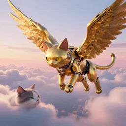 the ancient world, hyper complexity, highly detailed, cinematic lighting, pastel colored sunrise, flying robotic cats with gold metal huge wings on its back in the cloudy sky, sharp outlines, complete whole cat body, another sleeping cat face in the clouds watching each other, hyperrealistic, trending on pixiv fanbox, love death robot,