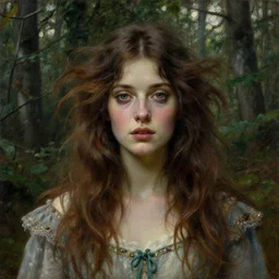 a beautiful and eerie baroque painting of a gorgeous young woman from vermont, with wild hair and haunted eyes, 1 9 7 0 s, woodland, afternoon light, delicate embellishments, painterly, by robert henri, walter popp, alan lee