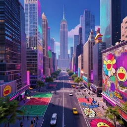 a gorgeous landscape new york city, in the metaverse, psyhdelic, 9 0's vibes, grungy, rappers in the streets, basketball courts, takashi murakami, highly detailed, masterful composition, neon cyber colors, liminal spaces