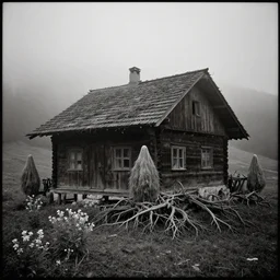 1 9 2 0 s photography of an isolated old village with ghostly wood buildings overgrown by roots and edelweiss in the dolomites, inhabitated by hay ghosts, fog, desaturated, dark, eerie, 1 9 2 0 s ghost photography