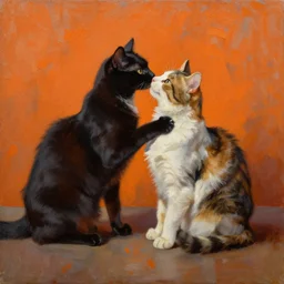 Två katter leker pingis på orange bakgrund, oil painting
