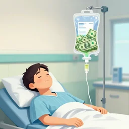 a hospital patient on a drip. the drip bag is filled with liquid green dollar bills, digital illustration, detailed, artsy, talented