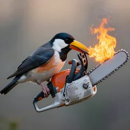 a bird with a fiery beak eats a chainsaw at dawn