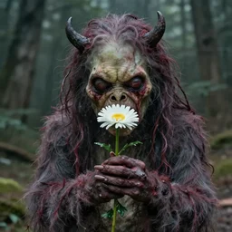 the most disgusting monster in the world, holding and smelling a flower