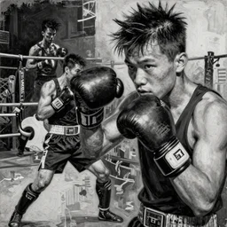 young fight club fighter in action detailed analogue mixed media collage with canvas texture in style of contemporary art, punk art, hyperrealistic beautiful face, photorealism, expressionism, masterpiece, perfect composition, spectacular quality, intricate oil details, black and white background