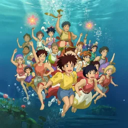 a still of an underwater parade, high detail, vibrant, studio ghibli and pixar and disney, game character and environment design, painting brushwork, concept artwork, hd, studio, bloom,
