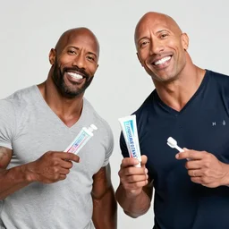 obunga and dwayne Johnson promoting toothpaste by showing of their beautiful white teeth and holding toothpaste, hyper realistic, tv commercial