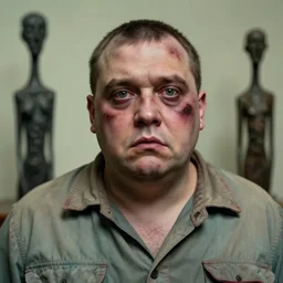 a morbidly obsese soviet prisoner with ( terror in his eyes ), slightly scarred and pitted, hyperrealistic, beautiful, detailed portrait, intricate complexity, by conrad roset and jean dubuffet and daniel johnston and giacometti, muted pastel colors, 4 k, beautiful, leica, cinematic dramatic atmosphere, very realistic, soft focus