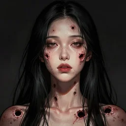 portrait of a woman with long black hair and grubs on her face, coming out of holes in her skin, trypophobia, dramatic lighting, illustration by Greg rutkowski, yoji shinkawa, 4k, digital art, concept art, trending on artstation