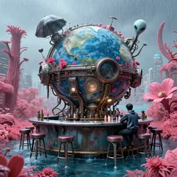 architecture by banksy, steampunk universe water scumm bar earth sci - fi at summer rainy biopunk elysian sea alien nature flowers vice city infrared, archdaily, wallpaper, highly detailed, trending on artstation.