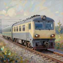 morning, train, track, oil painting, intricate, dreamy aesthetic, highly detailed, by alena aenami