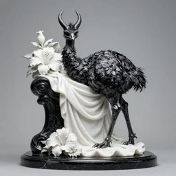 hollow knight, emu, horns, wide angle, italian masterpiece, Ashford Black Marble, sculpture, baroque, draped with white Hibiscus and vines and spines, white marble and gold, drapes, beetle, still life, Obsidian, portrait, render, octane, artstation, ultra detailed