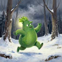 lush green chia pet frolicking in snowy woods, stormy skies. russian fairytale art, gouache, dynamic composition, backlighting