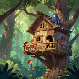 kids fighting monsters from their treehouse in the Forest, Greg Rutkowski, ArtStation, CGSociety, Unreal Engine